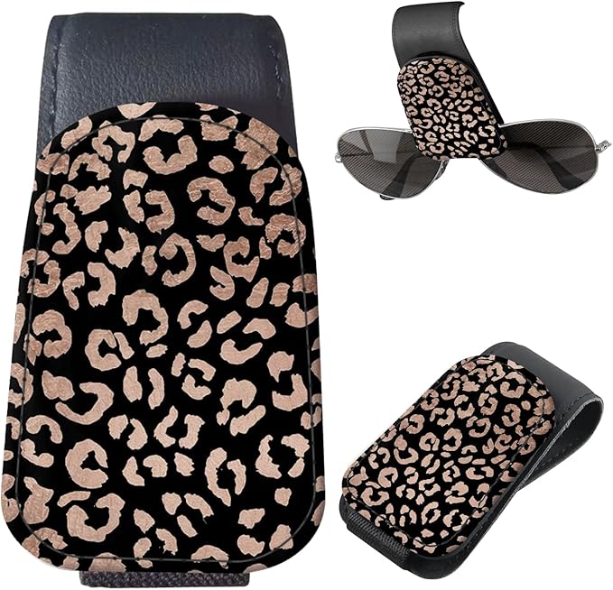 Sunglasses Holder for Car Visor, PU Leather Glasses Clip Organizer, Cute Magnetic Eyeglass Holder for Vehicle Sun Visor, Car Interior Accessory for Women & Men Brown Leopard Spots