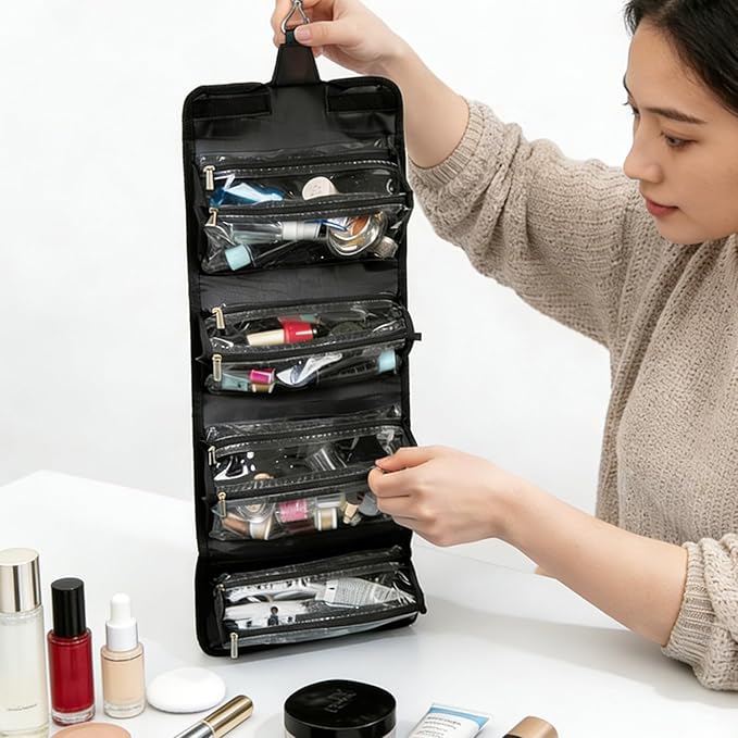 ROYALFAIR Roll Up Makeup Bag, Travel Toiletry Bag for Women with 4 Clear TSA Approved Pouches, Hanging Travel Organizer, Folding Cosmetic Bag for Men and Women