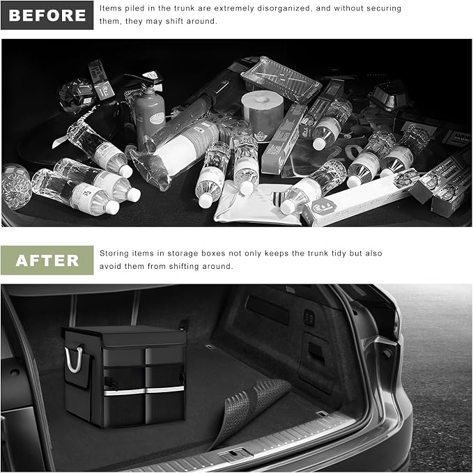 Car Trunk Organizer with Lid, 28L Waterproof Oxford Fabric Auto Trunk Cargo Storage Box w/Aluminium Alloy Handle, Collapsible 2-Compartment Storage Organizer for RV SUV Truck (Black)