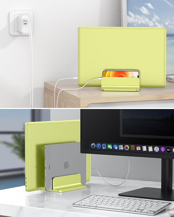 OMOTON Vertical Laptop Stand [Updated Double Version], Desktop Aluminum Mac Book Stand with Adjustable Dock Size, Fits All Mac Book, Surface, Chrome Book and Gaming Laptops (Up to 17.3 inch), (Citron)