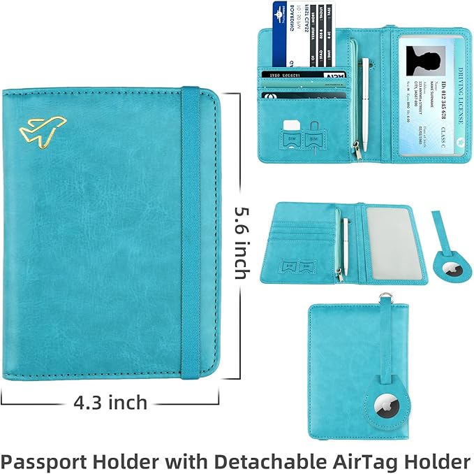 WALNEW AirTag Passport Holder, PU Leather Airtag Wallet RFID Blocking Passport Cover Travel Essentials Case for Women Men (Light Blue)