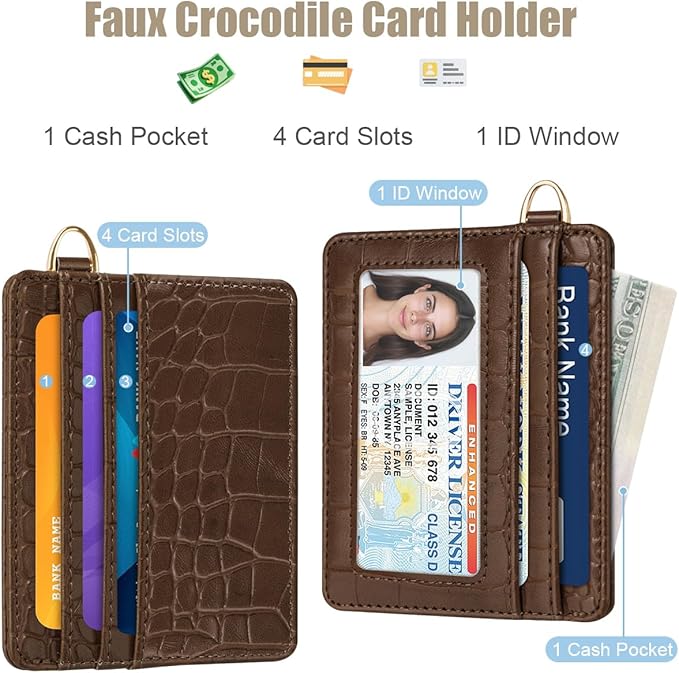 Slim Credit Card Holder Crocodile Wallet Women Thin Alligator Wallets RFID Blocking Minimalist Lightweight Small Cute Cards Holders with ID Window, Coffee