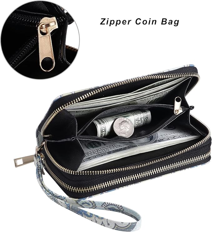 Cellphone Wallet for Women Dual Zipper Long Purse with Removable Wristlet
