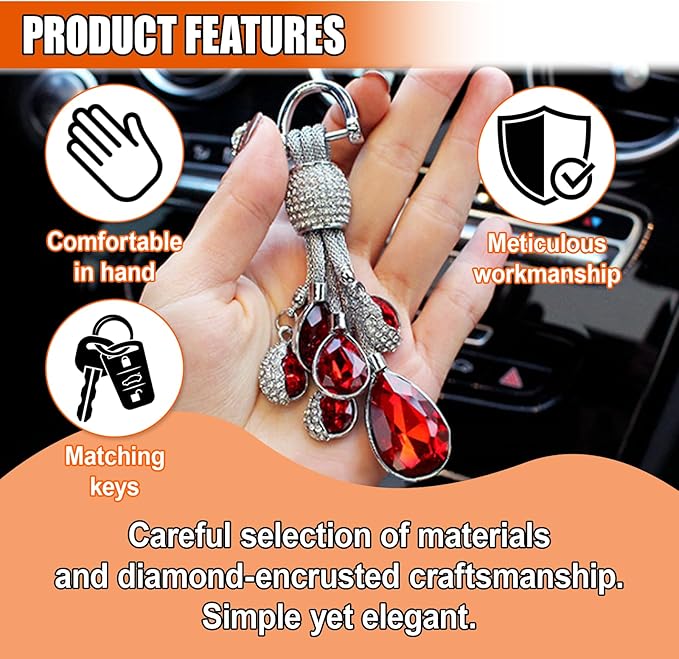 Bling Rhinestone Car Keychain, Fashion Auto Key Fob with Screwdriver, Vehicle Key Decoration Accessories for Woman (Red)