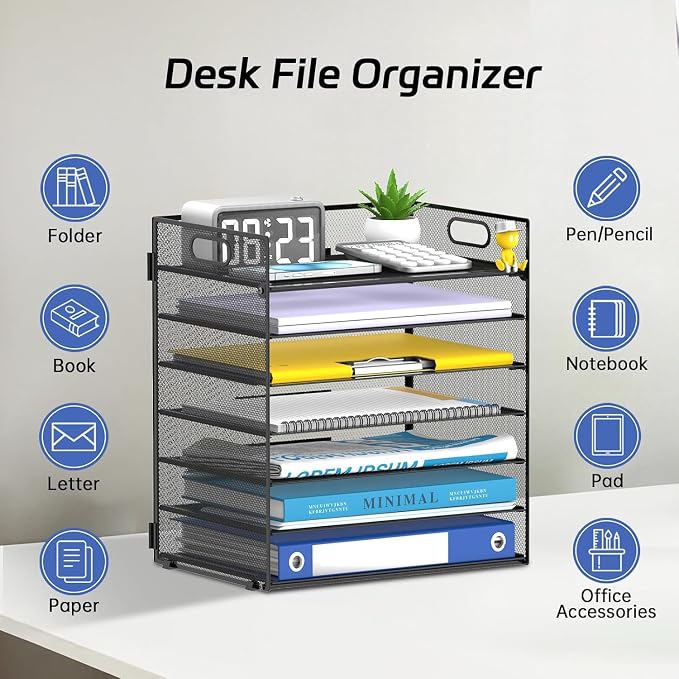 7-Tier Paper Organizer for Desk, Letter Tray with Handle Mesh Desk File Organizer, Workspace Organizers, Paper Sorter Organizer for Office Home School (Black)