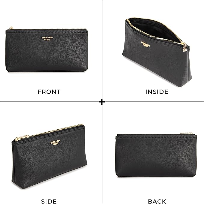 BERLINER BAGS Premium Genuine Leather Makeup Bag Anna, Cosmetic Bag for Purse, Travel and Cosmetics Pouch with Zipper for Women- Black