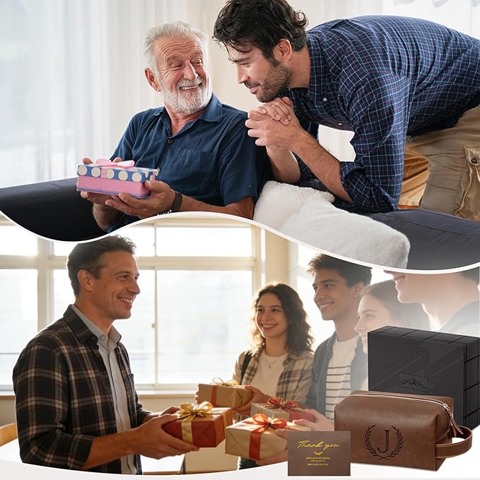 Personalized Gifts Travel Toiletry Bag for Men Engraved Initial PU Leather Waterproof Shaving Bag for Toiletries Accessories Fathers Day Birthday Gift for Men Dad Husband Son, Reddish Brown H