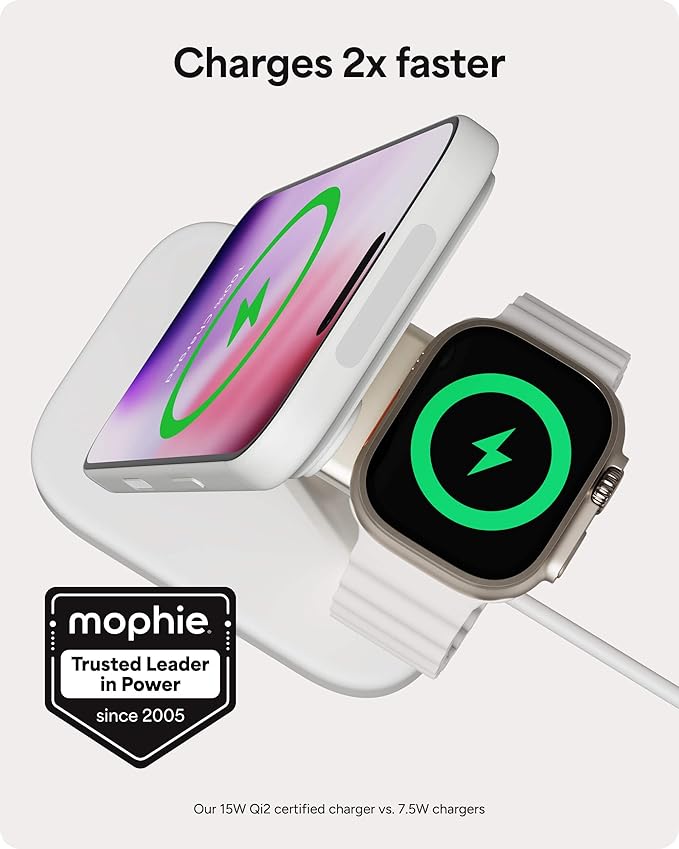 Mophie 2-in-1 Wireless Charging Stand - Qi2-Certified, MagSafe Charger for iPhone & Apple Watch – Fast Charging Station with Adjustable Phone Stand & Cable Management – Up to 15W Power