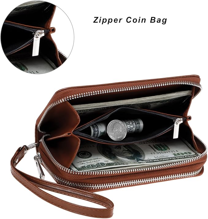 Cellphone Wallet for Women Dual Zipper Long Purse with Removable Wristlet