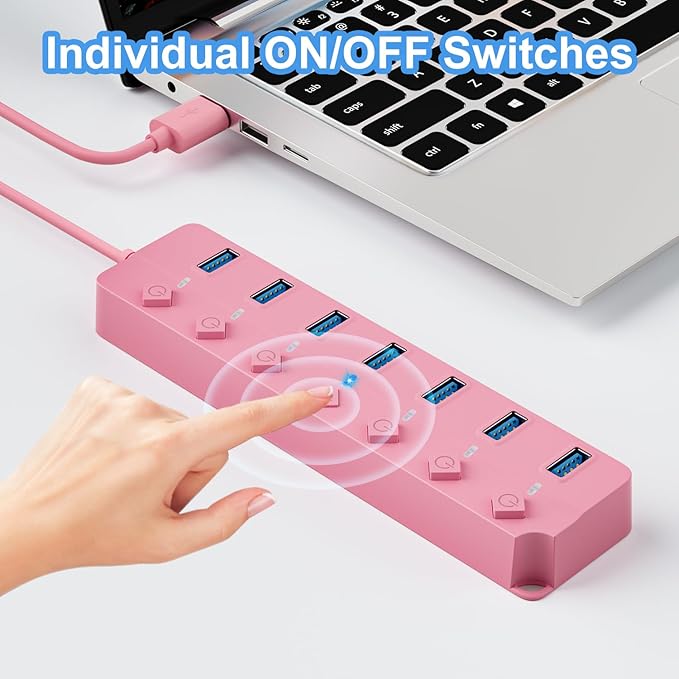 ONFINIO USB Hub 3.0, 7-Port USB Hub Splitter with Individual On/Off Switches and Lights, 3.2ft/1m Long Cable Compatible with MacBook, Laptop, Surface Pro, PS4, PC, Flash Drive, Mobile HDD-Pink