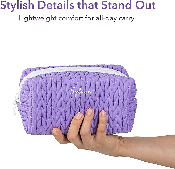 Knitty Bag – Lavender Quilted Makeup Bag for Women, Lightweight Waterproof Cosmetic Organizer, Soft Nylon Travel Pouch, Elegant Gift Choice