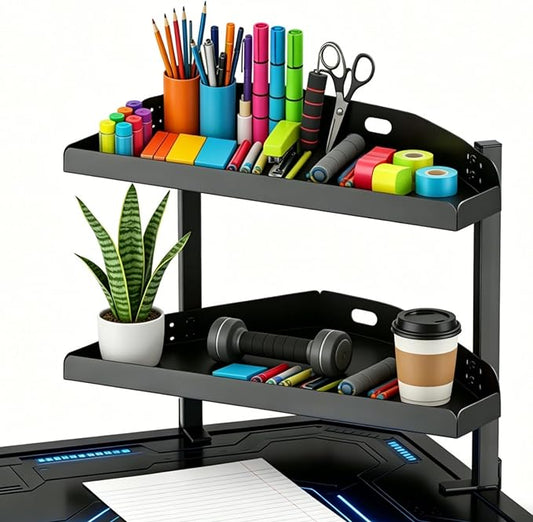 Yuxh Clamp On Desk Corner Shelf 2 Tier Cilp Under Table Corner Organizer, Black-M, 16 inch