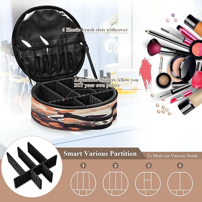 senya Round Cosmetic Pouch Travel Makeup Train Case Panda Orange Makeup Organizer Bag with Adjustable Dividers Portable for Cosmetics Makeup Brushes Toiletry Jewelry Accessories