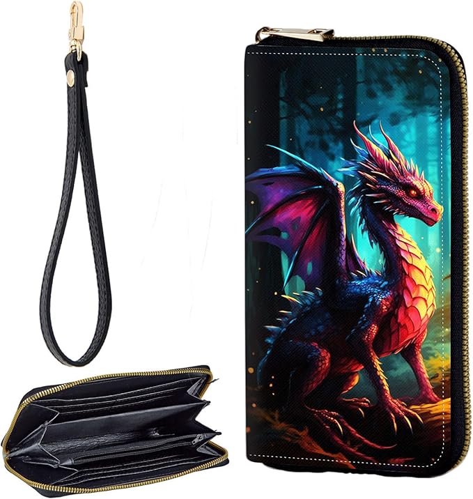 Zip Around Wallets for Women with Detachable Wrist Strap, Large Capacity RFID Blocking Leather Purse Organizer Card Holder Wristlet,Forest Dragon