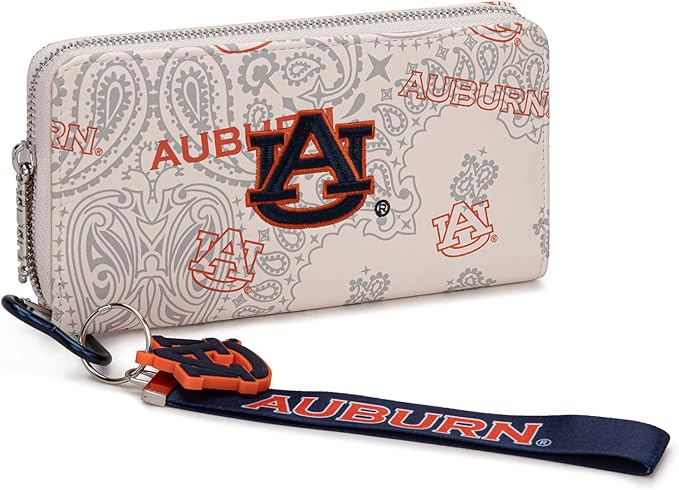 Auburn Organizer Wallet with RFID Blocking Card Slot & Keychain, Auburn Team Logo Wristlet Wallet, Zip Clutch Purse for Gift, Game Day, Travel | Beige, NC-AU011BG