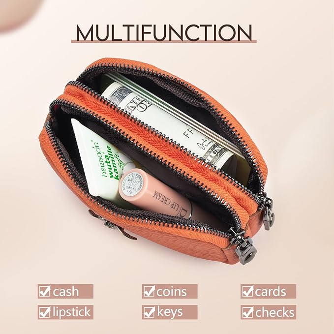 imeetu Women Leather Coin Purse, Small 2 Zippered Change Pouch Wallet