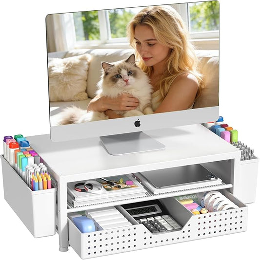 OPNICE Desk Organizers and Accessories, 2-Tier Computer Monitor Stand Riser with Drawer and 2 Pen Holders, Laptop Stand, Office Desk Accessories for Office Supplies, White