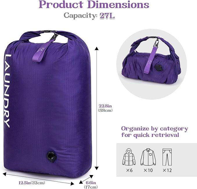 Travel Laundry Bag, Vacuum Compression Dirty Clothes Travel Bag, Waterproof Wet/Dry Space-Saving Laundry Storage Organizer, Smell Proof Storage Bag for Clothing, Swimming, Yoga, Gym, Camping
