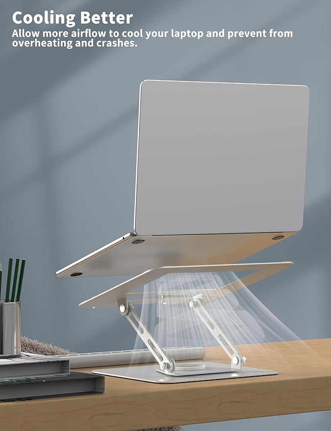 ALASHI Laptop Stand for Desk with 360° Rotating Base, Multi-Angle Adjustable Laptop Stands, Foldable Laptop Riser Compatible with 10 to 15.6 Inches PC Computer, Silver