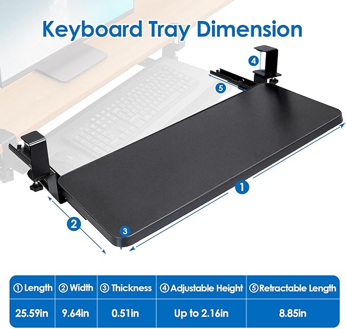 KOCASO Keyboard Stand for Desktop - 25.59”x9.64”x0.51” Keyboard Tray with Retractable Slide Out Drawer, Height Adjustable and C Clamp Installation, Supports up to 55LBS，Perfect for Home or Office