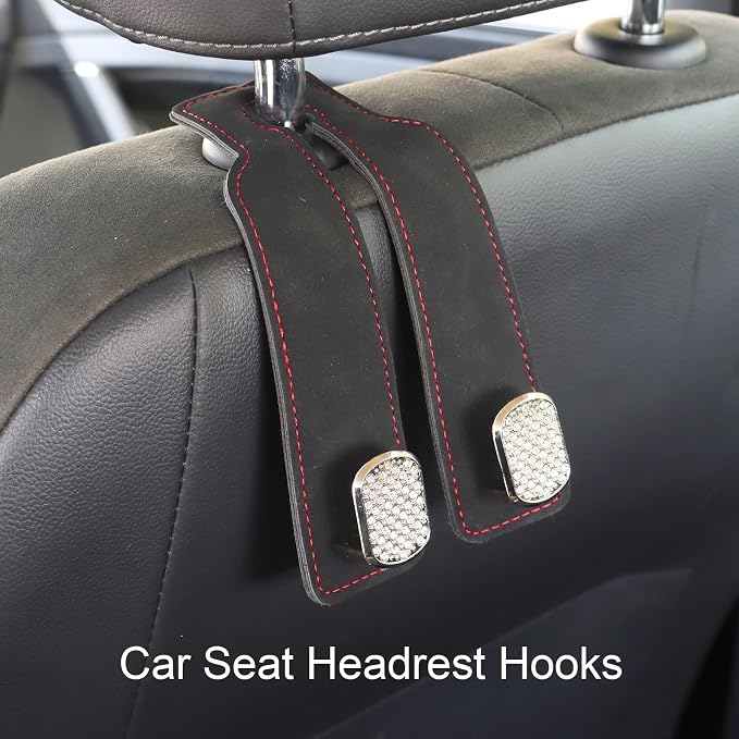 Car Seat Hooks for Headrest, Purse Hook & Back Storage Hook, Zinc Alloy & Suede Material Heavy Duty Car Hooks for Purses and Bags,Universal Fit for Most Vehicles (Black Bling Diamond-2 Pack)