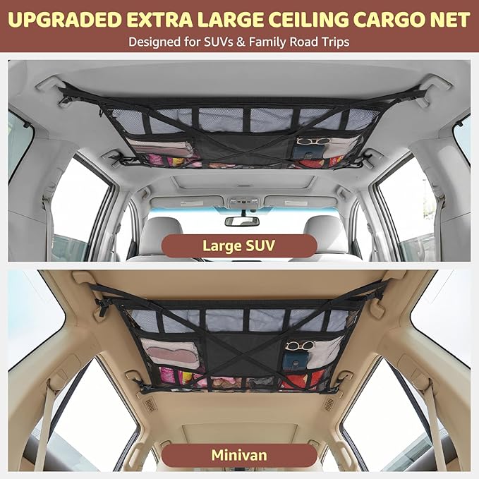 Extra Large Car Ceiling Cargo Net 43.3×27.5 Inch for SUV Minivan Truck Van,Roof Storage Organizer, Overhead Mesh Cargo Holder,Fits Most 4 Handle Vehicles for Road Trip Camping Travel