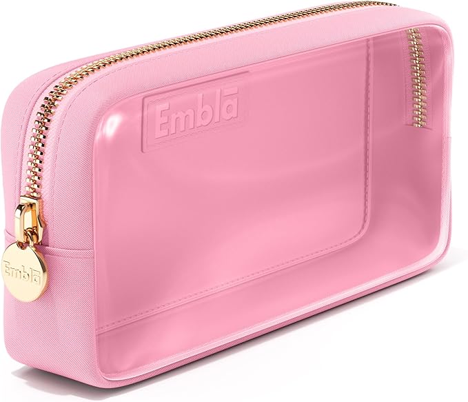 Embla Medium Clear Makeup Bag Travel for Toiletries Cute Make Up Nylon Organizer Pouches Quart Size Cosmetic Bags for Women Girls Zipper Toiletry Skincare Pouch Organizer for Purse Light Pink
