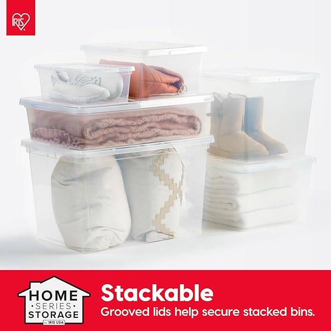 IRIS USA 4-Pack Storage Bins with Lids, 15 Quart, Shoe Boxes Clear Stackable Containers Organize Shoes Closet Shelves, Classroom Organization Teacher Tools, Game Storage - BPA-Free Plastic