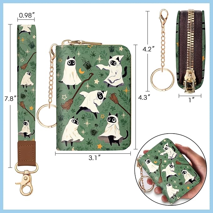 Blusabaca Credit Card Holder for Women, Halloween Spooky Witch Goth Gothic Cute Small RFID Blocking Wristlet Strap Wallet, Zipper Keychain Leather Accordion Case Purse with Key Lanyard Holiday Gift