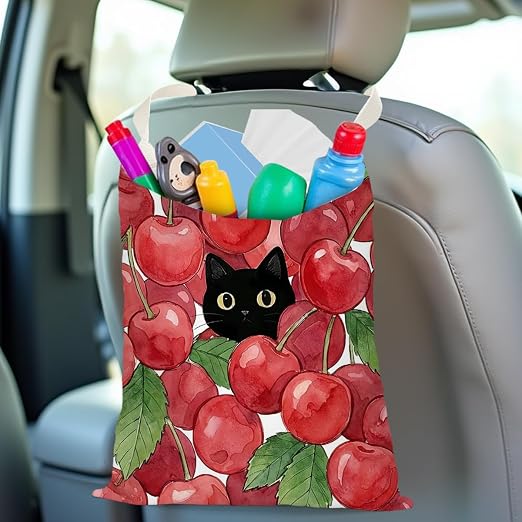 Black Cat Car Trash Bag, Cherry Car Trash Bag Hanging, Cherry Accessories, Summer Decor Waterproof Cars Back Seat Hanging Organizer Garbage Can for Vehicle Travelling Camping