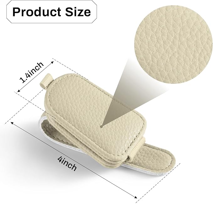 SINGARO Sunglasses Holder for Car, Leather Magnetic Buckle Sun Visor Sunglass Clip, Ticket Card Storage Glasses Clip, Car Interior Accessories for Men and Women（2PCS Beige）