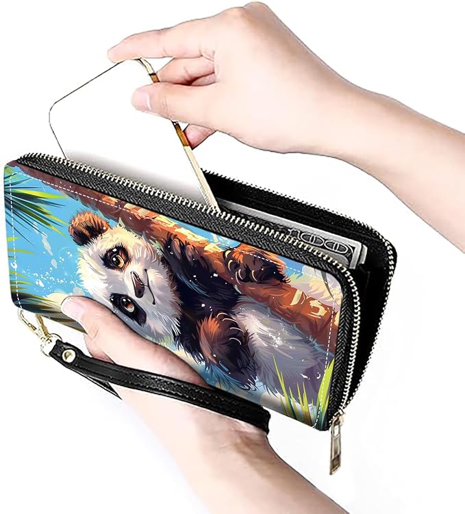 Women's Large Capacity Wallet PU Leather Zip Around Clutch Purse Multifunctional Wallet with Removable Wristlet Strap for Smart Phone/Coin/Card/Cash, Watercolor Art Panda