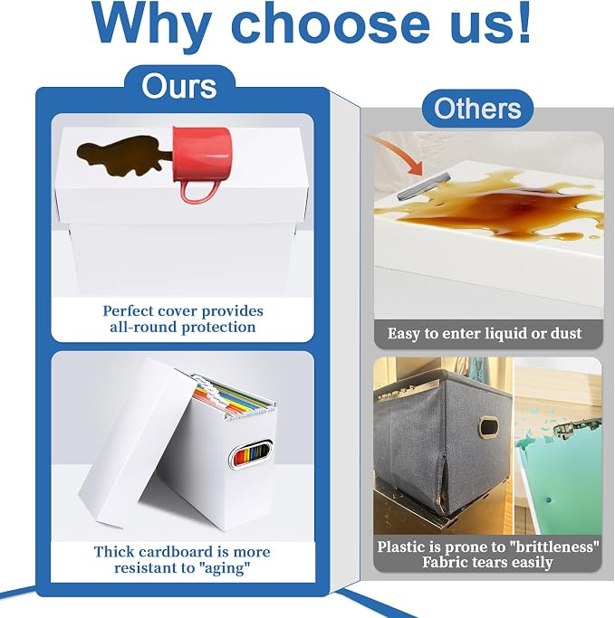 File Organizer Box with Lid & Handle, Thickened Cardboard Hanging File Folder Storage Boxes for Letter Size, Portable Filing Organizer for Office, Home, Classroom, White 2 Pack