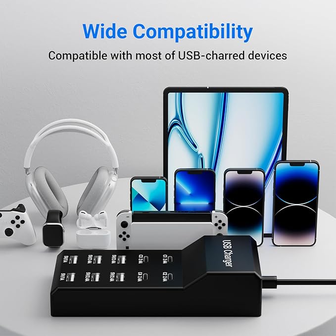 10-Port USB C Charger Block (6 USB-A Port & 4 USB-C Port), 50W10A Multiport Charger Hub for iPhone, Galaxy, iPad & More, 3.3FT