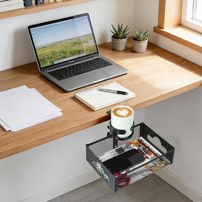 MYITYARD Desk Cup Holder Clamp, Anti-Spill Clip On Table Cup Holder with Rotation Drawer Organizer, Under Desk Storage Box Drink Holder for Desk Attachment, Gaming Desk Accessories for Office Home