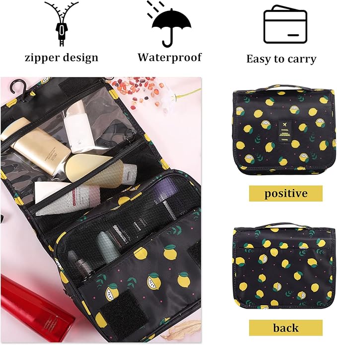Pengxiaomei Hanging Toiletry Bag, Black Waterproof Cosmetic Bag Portable Lemon Makeup Pouch Travel Wash Bag with Handle for Kids Teen Girls Birthday Mothers Day Gifts