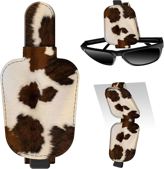 Leather Magnetic Sunglass Holder for Car Sun Visor, Cute Eyeglass Ticket Card Hanger Clip, Universal Auto Interior Accessories for SUV Pickup Truck Brown Cow Print