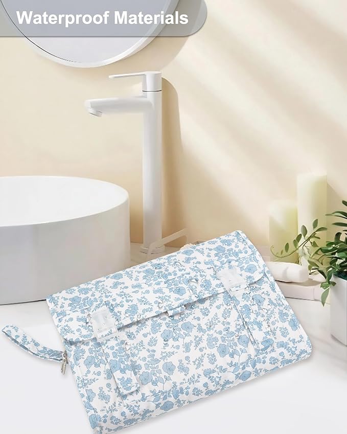 Relavel Travel Toiletry Bag with Hanging Hook, Floral Hanging Toiletries Bag for Women, Large Capacity Makeup Cosmetic Storage Organizer for Full Sized Container, Accessories - Blue Flower