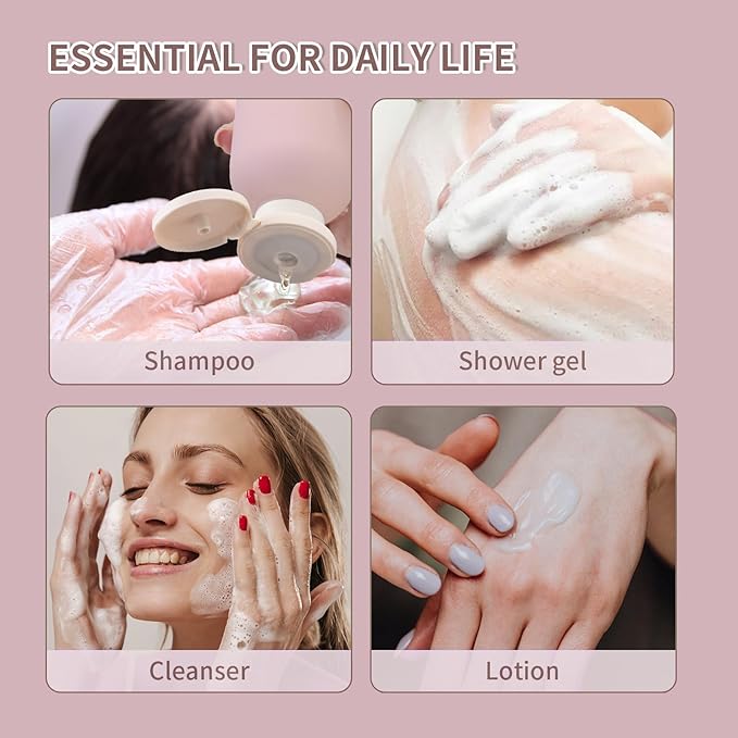 Empty Shampoo Bottles 6.7oz - Large Size Refillable Plastic Liquids Toiletry Containers - Empty Leak Proof Lotion Toiletries Dispenser - Pink Flip Cap Top Body Wash and Cosmetic Set 4 Pack
