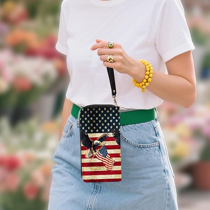 American Flag & Eagle Wallet for Women - Slim PU Leather Patriotic Wallet with Cash Zipper Coin Purse, Small Credit Card Holder Travel Wallet, Wristlet Wallets for Female Ladies Men