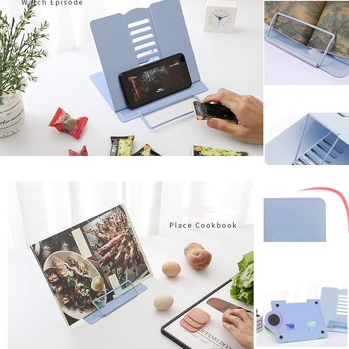 MSDADA Desk Book Stand Metal Reading Rest Book Holder Adjustable Cookbook Documents Holder Bookstands for Recipes Textbook Music Books, the First Day of School Gift for Students, Teachers (Light Blue)