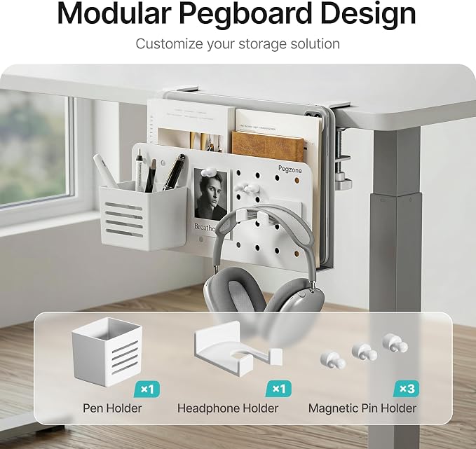 Under Desk Storage Organizer, Laptop Holder Stand with Pegboard Design, Holds 22lbs, Clamp on Desk Organizer, Fits 0.4"-2.2" Desktop Edge, White