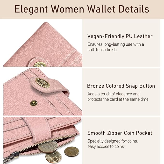 Kelvoris Small Rfid Women Wallet Bifold Zipper Coin Pocket PU Leather Compact Cash Credit Card Holder Travel Wallet for Female Ladies Teen Girls 1 ID Window 10 Card Slots