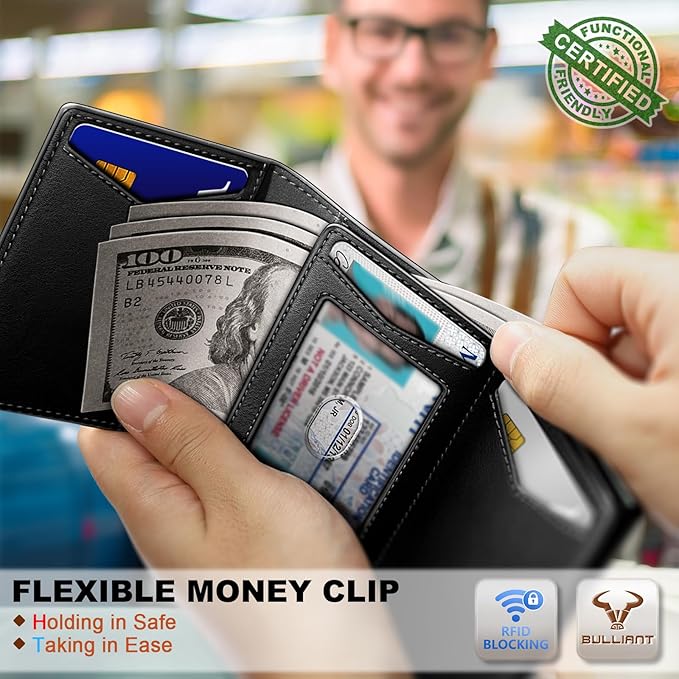 BULLIANT Men Wallet Leather Wallet Card Holders Money Clip for Men 10Cards-Magnetic Flip on Metal Case