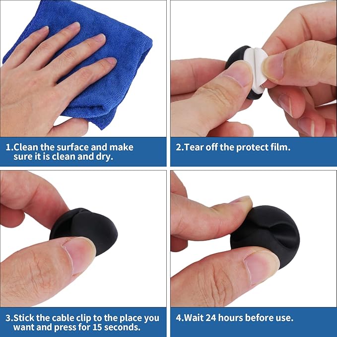 CHEFBEE 8 Pack Adhesive Cable Clips, Cable Cord Holder Organizer Management System for Desk, Wire Clips for All Your Computer, Electrical, Charging or Mouse Cord, Black