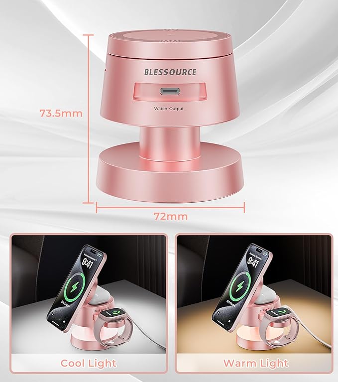4-in-1 Magnetic Wireless Charging Station for iPhone 17/16/15/14 Pro Max, with Night Lamp and 20W Adapter Wireless Charging Station Fast Charging for Apple Watch, Earphones & Multiple Devices