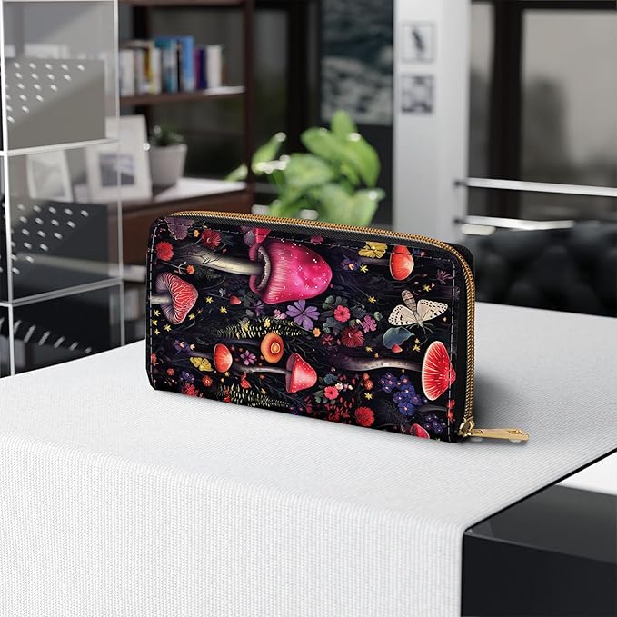 Womens Wallet,RFID Blocking Large Capacity Clutch,Zip Around Leather Purse with 8 Card Slots,Bill Compartments Coin Pocket - Flower Mushroom