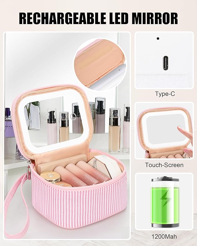 Relavel Mini Makeup Bag with Led Mirror, Small Cosmetic Bag with 3 Light Modes, Rechargeable Portable Makeup Pouch with Hands-Free Wrist Strap for Pool Parties丨Work Touch-Ups丨Travel - Pink Strip