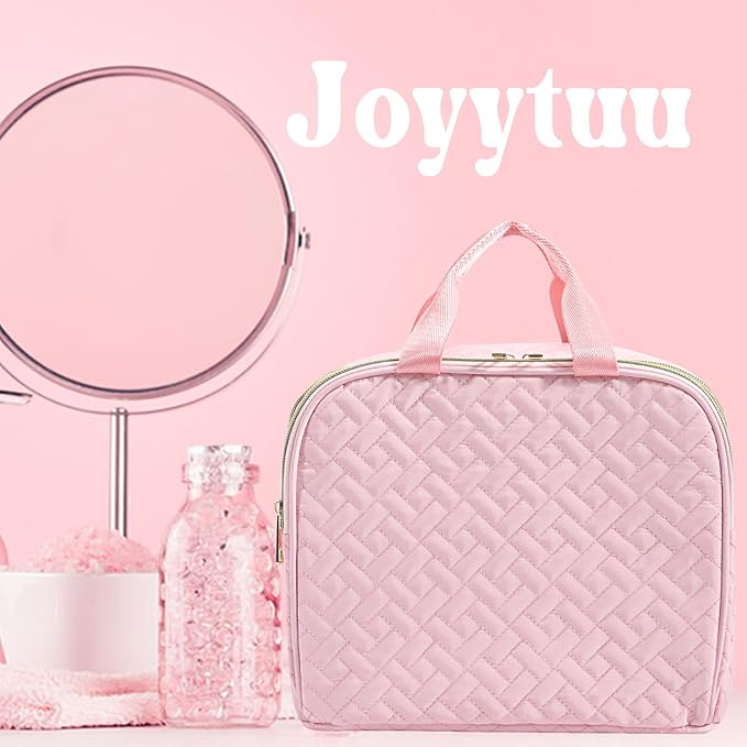 Makeup Bag, Large Capacity with Room for Brushes and Mirror, Travel Makeup Organizer, Portable Standing Make Up Case, Waterproof Cosmetic Bags with Handle, Color Pink