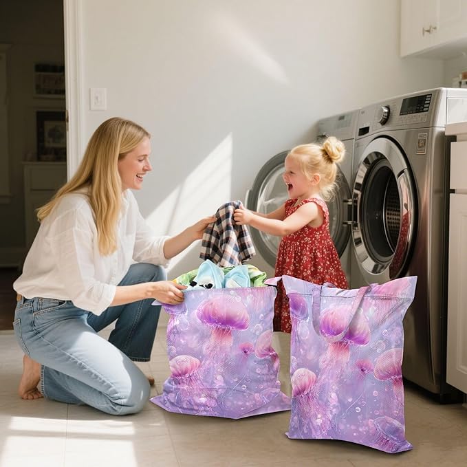 Travel Laundry Bags 2 PC Wet Dry Bag with Handle Dirty Clothes Organizer for Swimsuits Beach Camping Waterproof Washable Pink Cute Jellyfishes and Bubbles